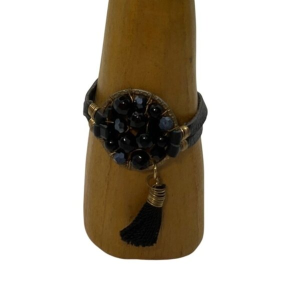 VTG Handmade Wired Artisan Crystals Bracelet Leather Adjustable Black - Picture 3 of 10